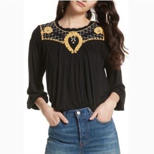 NWT Free People Black Blouse with Gold Embroidery